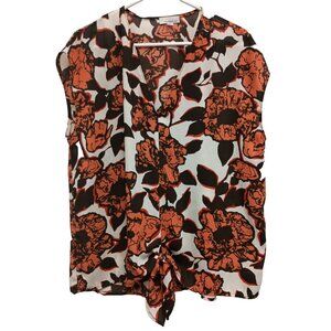 Allison Joy Evereve Womens BOHO Top XL Orange Floral Cap Sleeve Tie Front